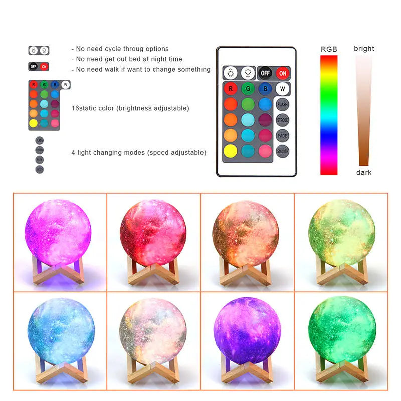 LED 3D MOON LAMP 16 COLORS REMOTE NIGHT LIGHT RECHARGEABLE