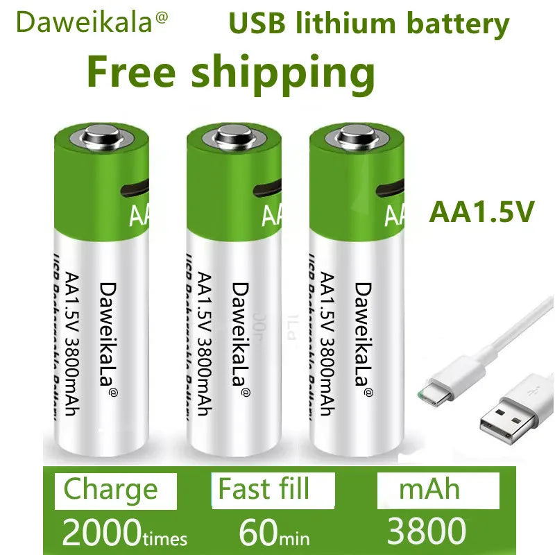 USB AA RECHARGEABLE BATTERIES 1.5V 3800 MAH LI-ION BATTERY