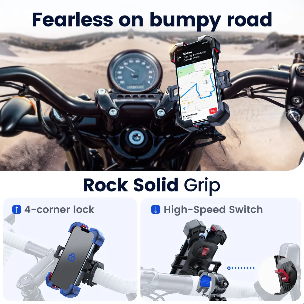 🚴‍♂️ Shockproof Secure Motorcycle Bike Phone Holder 360° View, Fits 4.7-7 inch Phones 📱 Bracket Clip